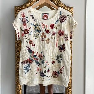 Johnny Was Dreamer Relaxed Tee Ivory Size S cotton with floral embroidery